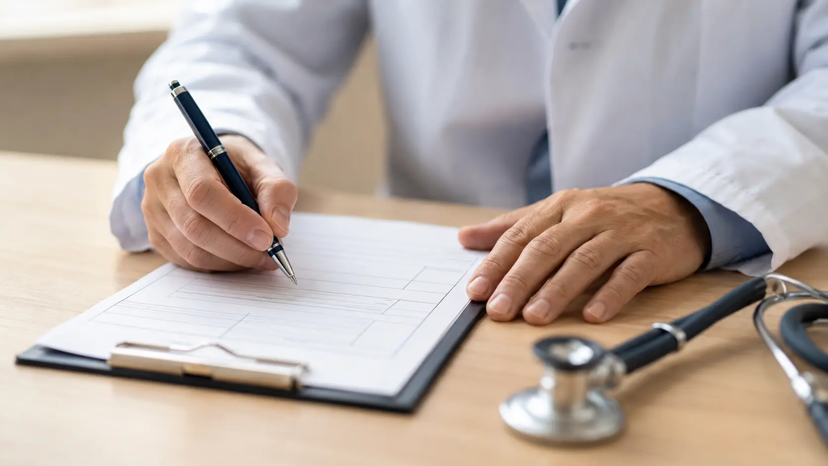 Manos de un m&eacute;dico escribiendo una prescripci&oacute;n sobre un escritorio de consulta