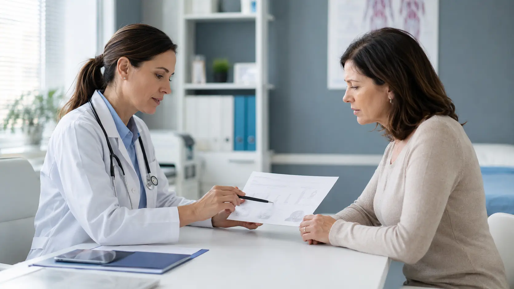 Paciente con lipedema en consulta médica revisando su informe clínico con la doctora