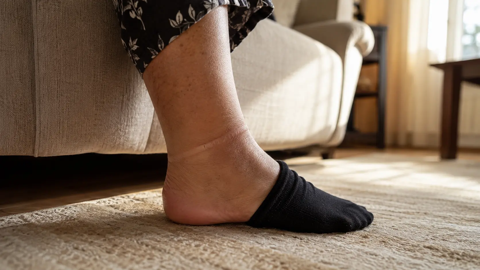 Marca dejada por el elástico del calcetín en el tobillo de una mujer sentada al final del día
