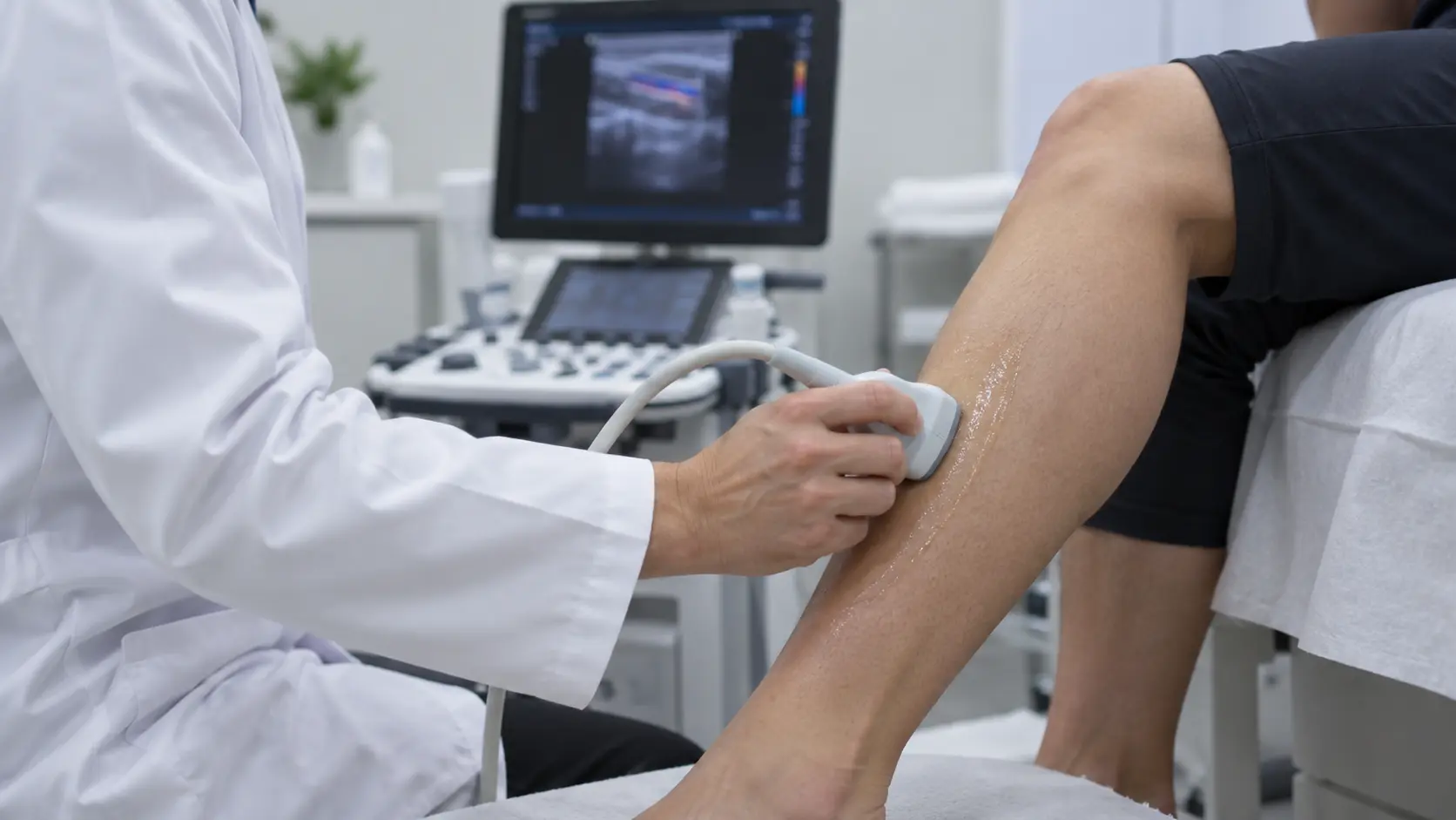 Estudio vascular con eco-Doppler en la valoración de una pierna hinchada Profesional sanitario deslizando la sonda de un ecógrafo por la pantorrilla de una paciente sentada en la camilla