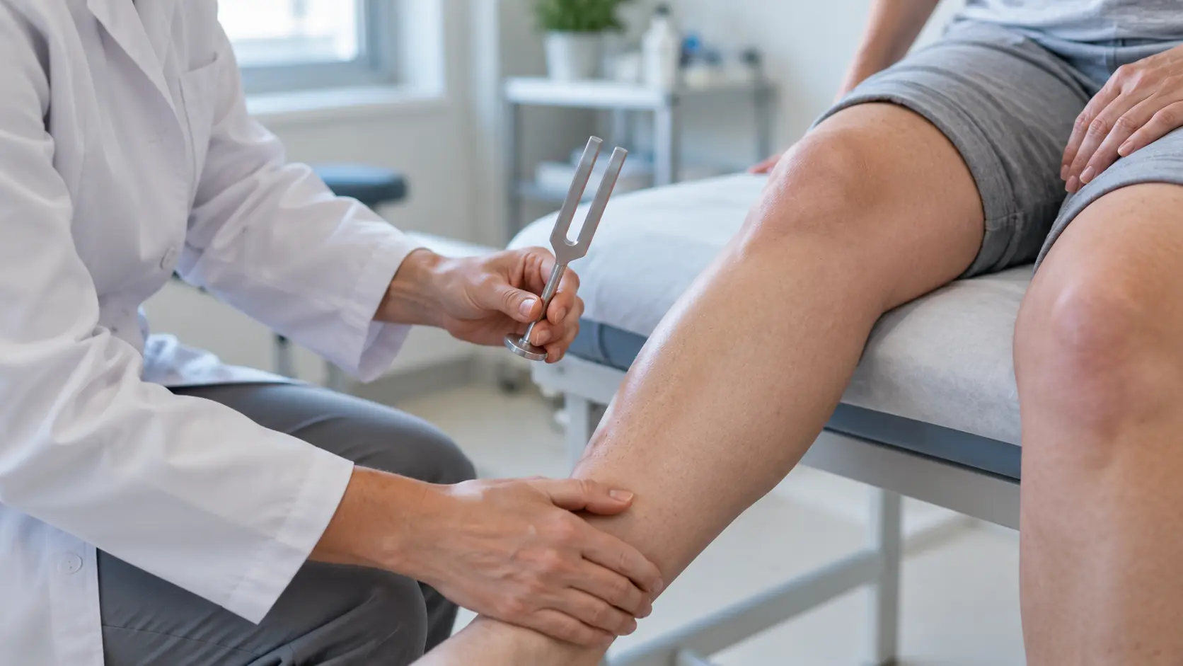 Profesional sanitario explorando con un diapasón la sensibilidad de la pierna de una paciente sentada en una camilla