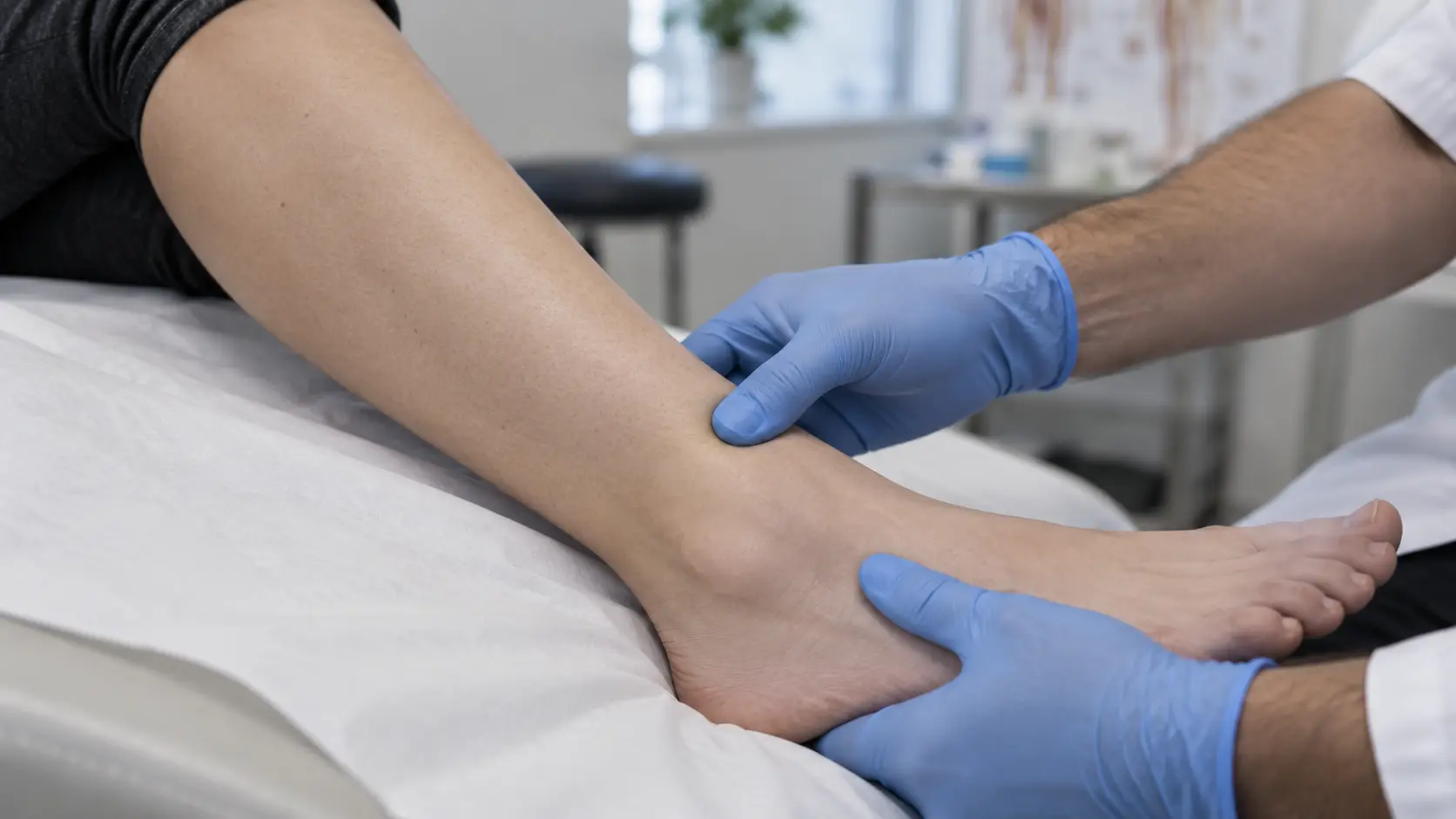 Comprobación del signo de la fóvea en consulta Manos enguantadas presionando con el pulgar la cara interna de la espinilla de una paciente durante una exploración en consulta