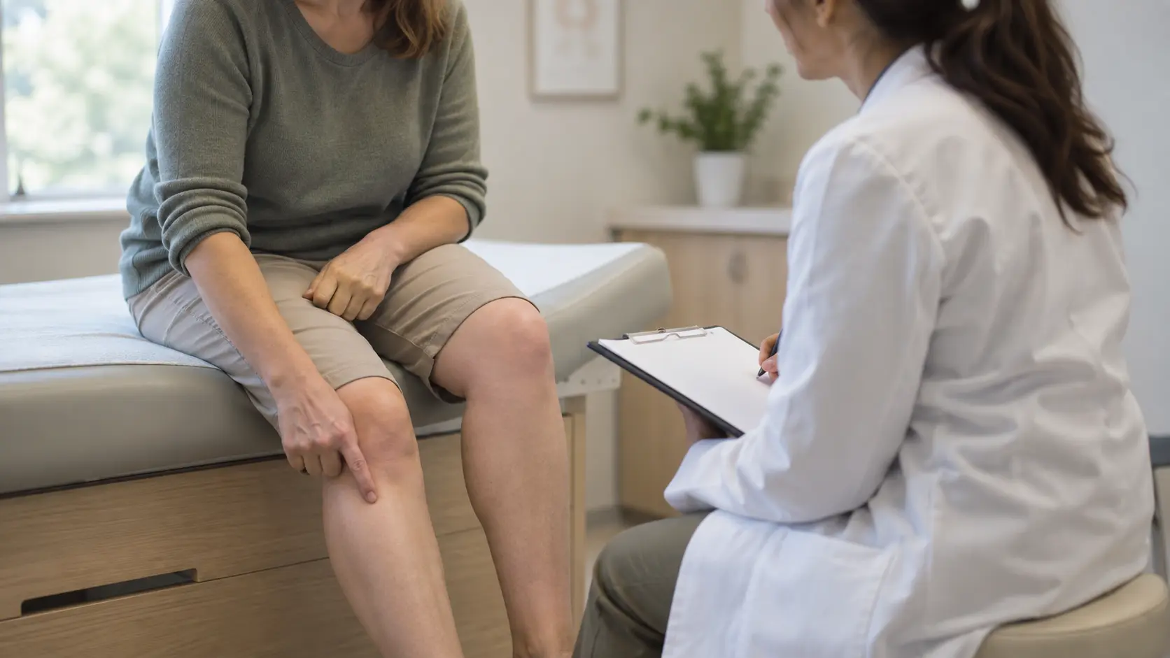 Mujer sentada en la camilla de una consulta médica señalando una zona de su pierna