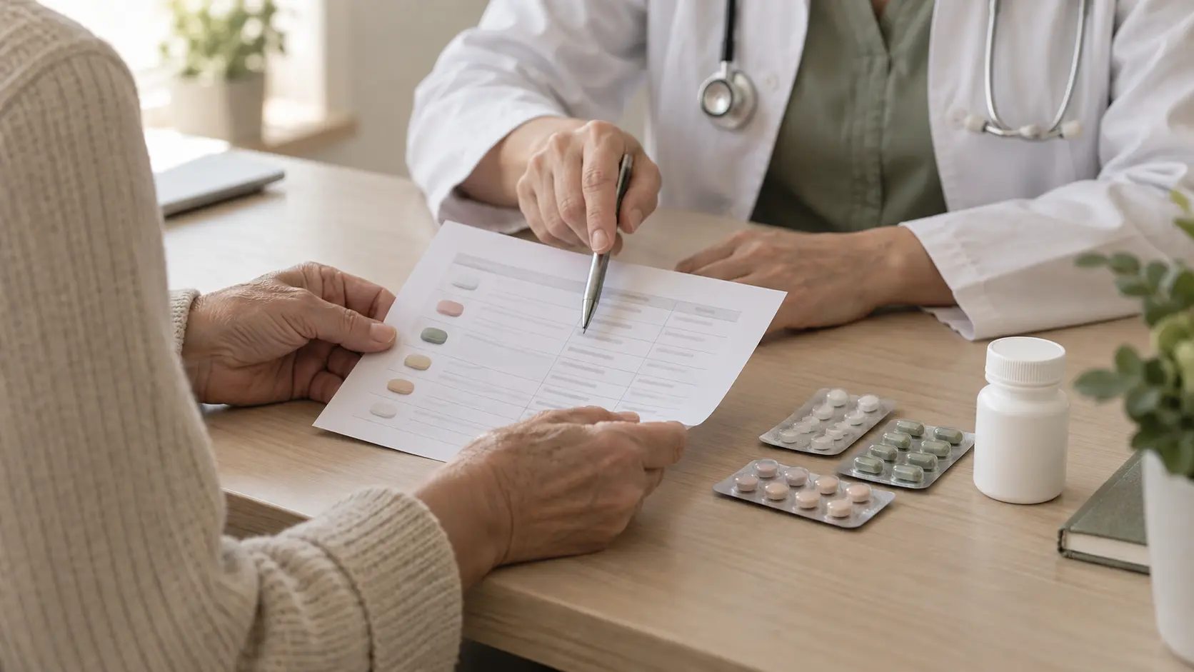 Revisión de la medicación en consulta por moretones fáciles Paciente y médica revisando juntas una lista de medicación en la consulta