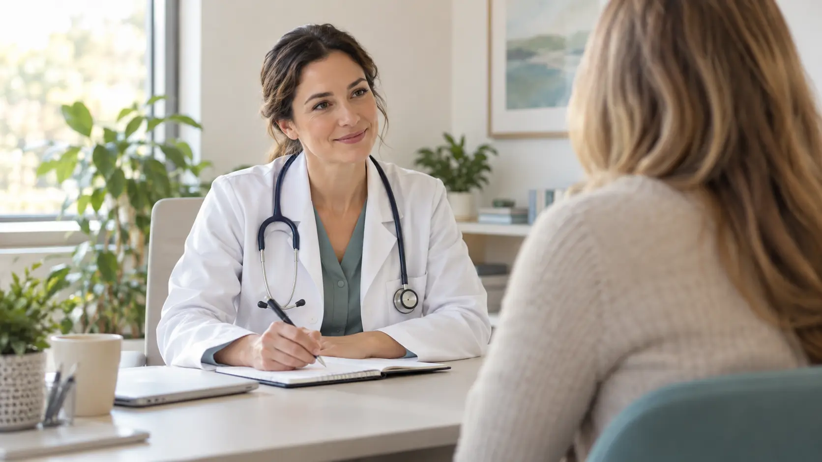 Female doctor taking notes while listening to a patient sitting opposite her in a bright consultation room
