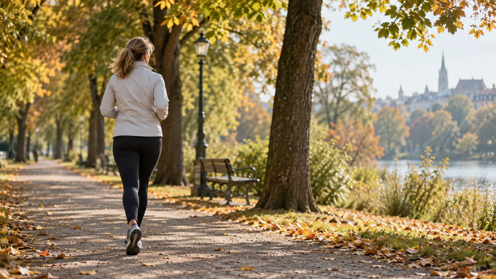 Mujer de mediana edad caminando a paso ligero por un parque con ropa deportiva, vista de espaldas