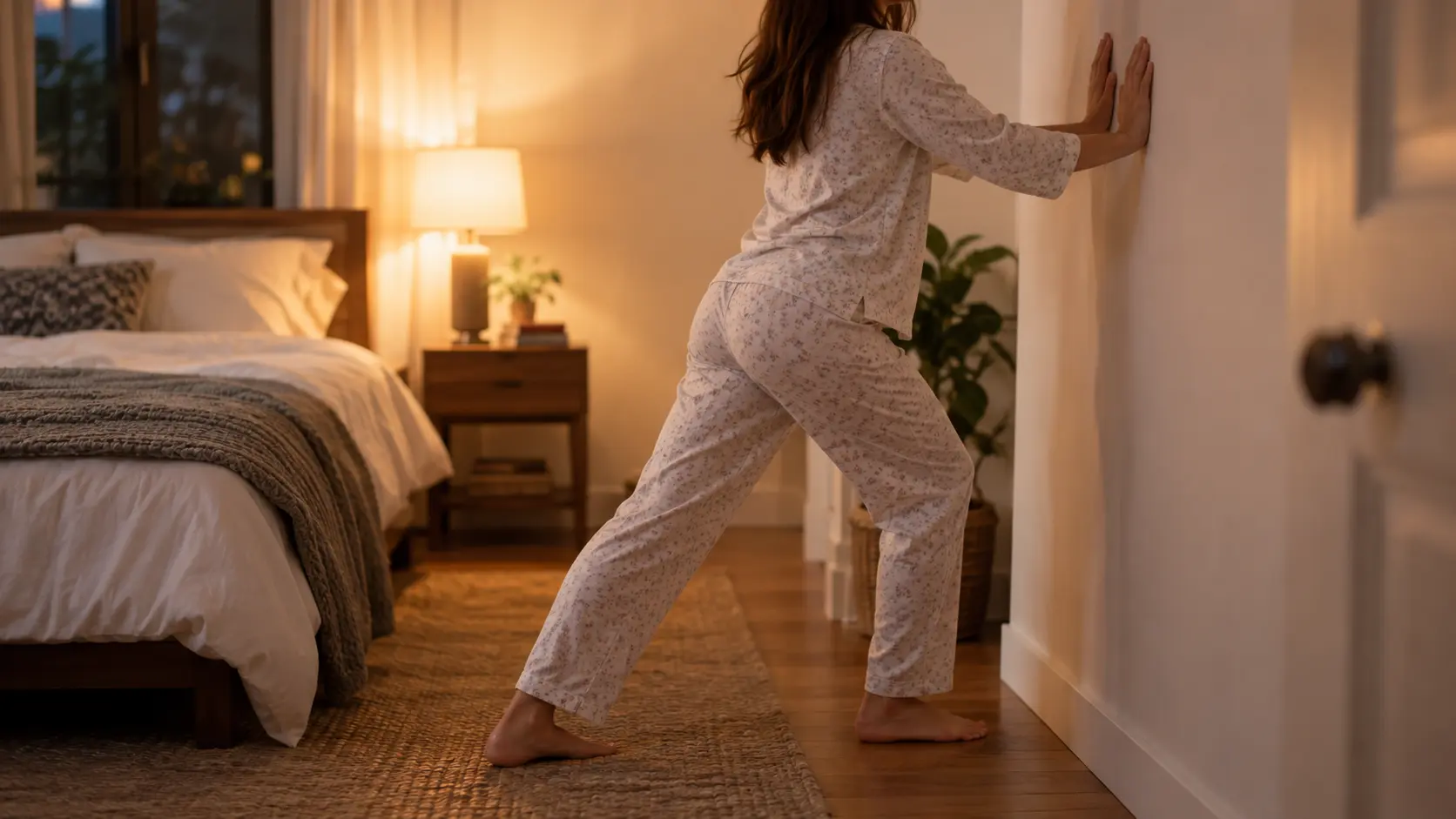 Woman in a warmly lit bedroom stretching her calf with her hands against the wall and her heel on the floor