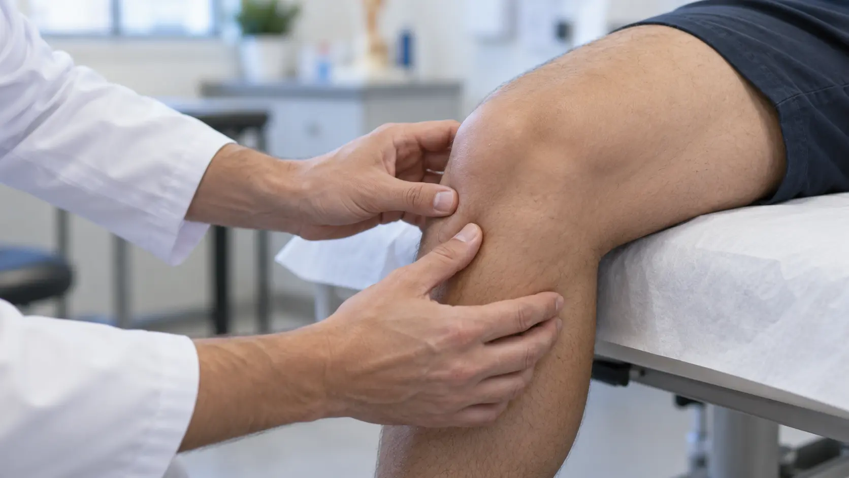 Examining the inner side of the knee in consultation Hands of a healthcare professional palpating the inner side of a seated patient’s knee on the exam table during an examination