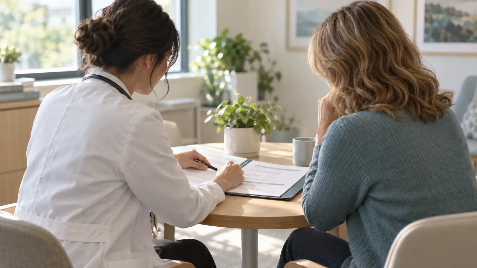 Médica y paciente sentadas frente a frente en una consulta luminosa revisando juntas un plan escrito en una carpeta