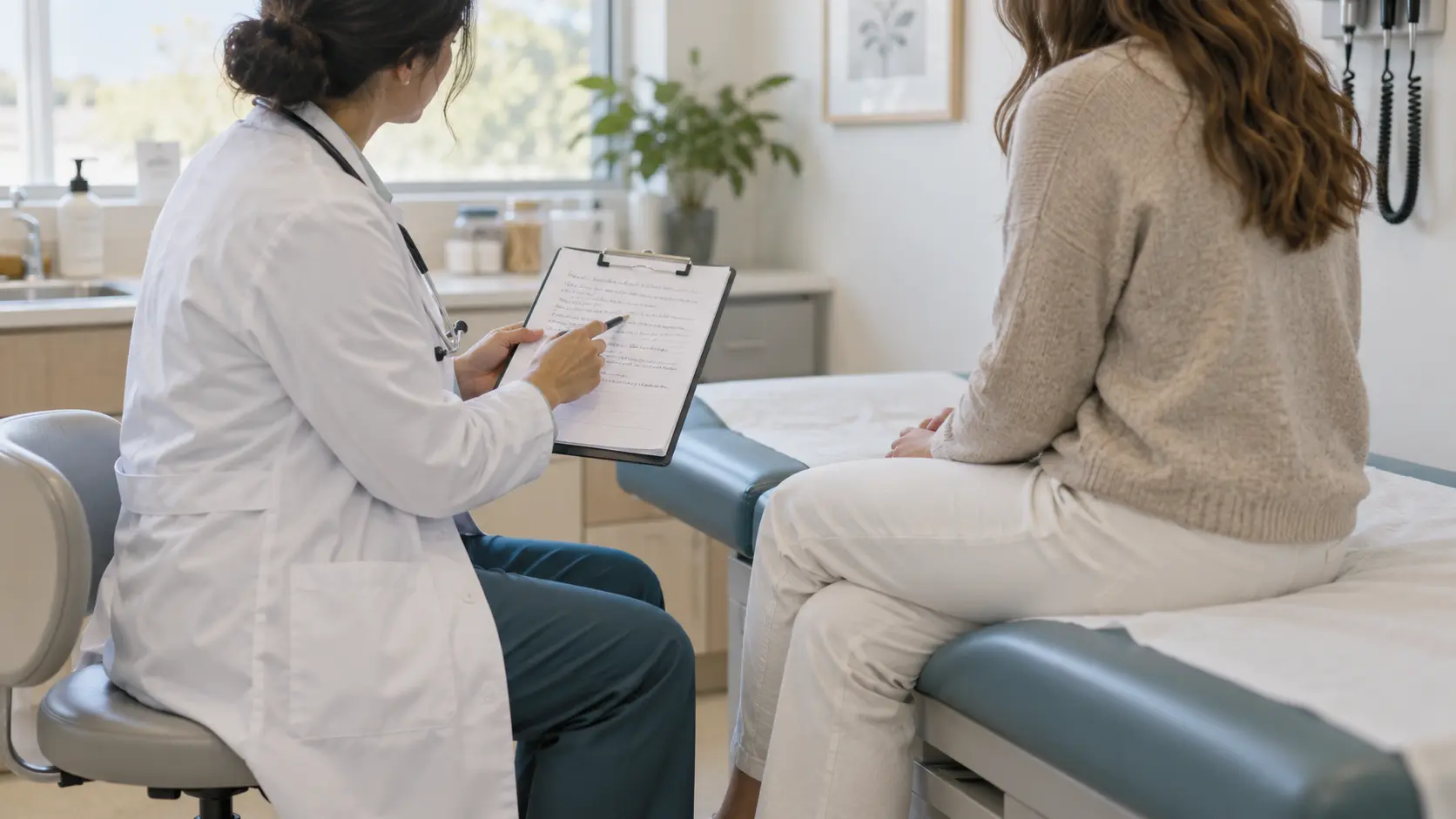 Médica conversando con una paciente sentada en la camilla de una consulta luminosa mientras señala unas notas