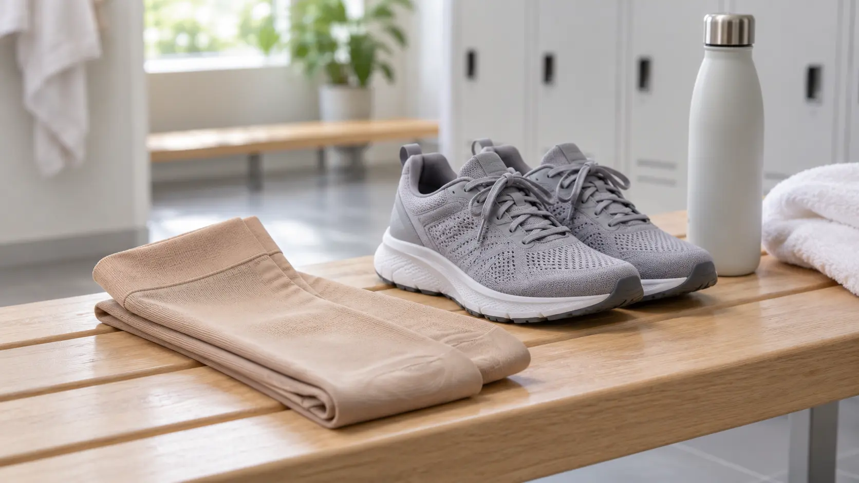 Unas medias de compresi&oacute;n dobladas junto a unas zapatillas de deporte y una botella de agua sobre un banco de madera