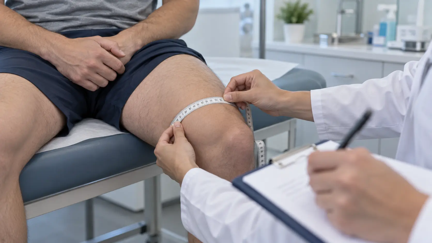 Measuring thigh circumference in the assessment of lipedema Measuring tape around a patient’s thigh just above the knee while a healthcare professional notes the measurement in consultation