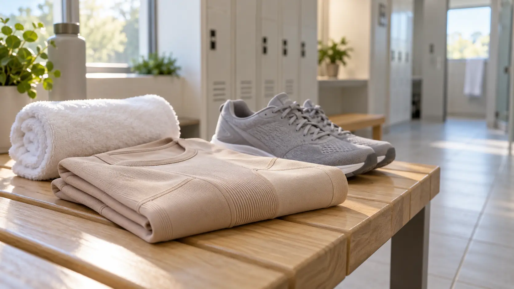 Compression and movement in conservative lipedema treatment Folded compression garment next to a pair of running shoes and a towel on a wooden bench in a bright locker room