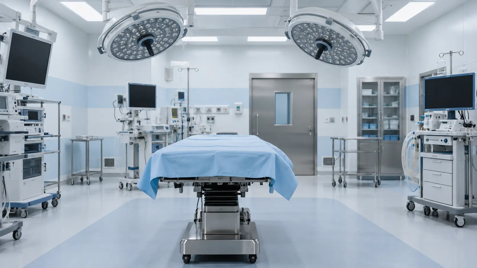 Operating room prepared for lipedema surgery Empty modern operating room, prepared, with the surgical table covered and the overhead lights switched off